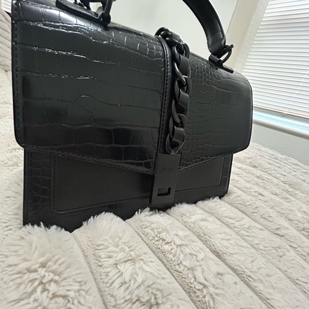 Black Croc-Embossed Satchel with Glossy Finish